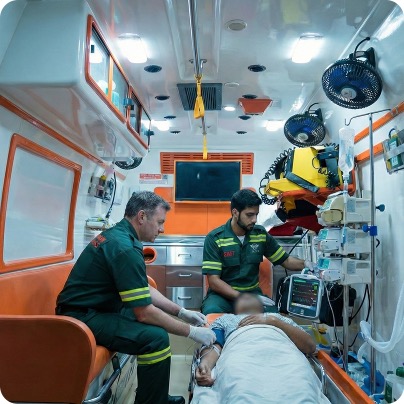 Interior view of an ICU equipped ambulance with medical equipment