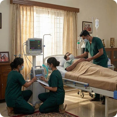 ICU setup at home with patient monitor and medical equipment