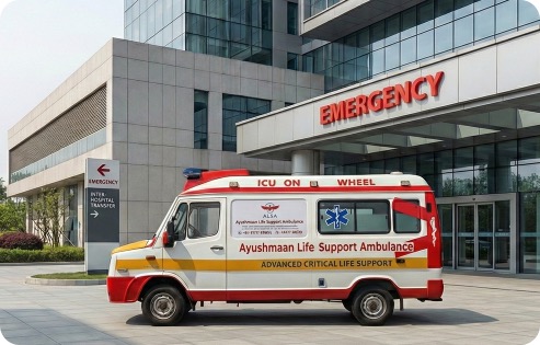 Ambulance parked outside hospital emergency entrance